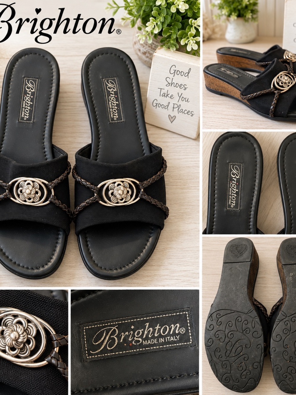 Brighton Black Woven Leather Slide Sandals Floral Medallion Made in Italy